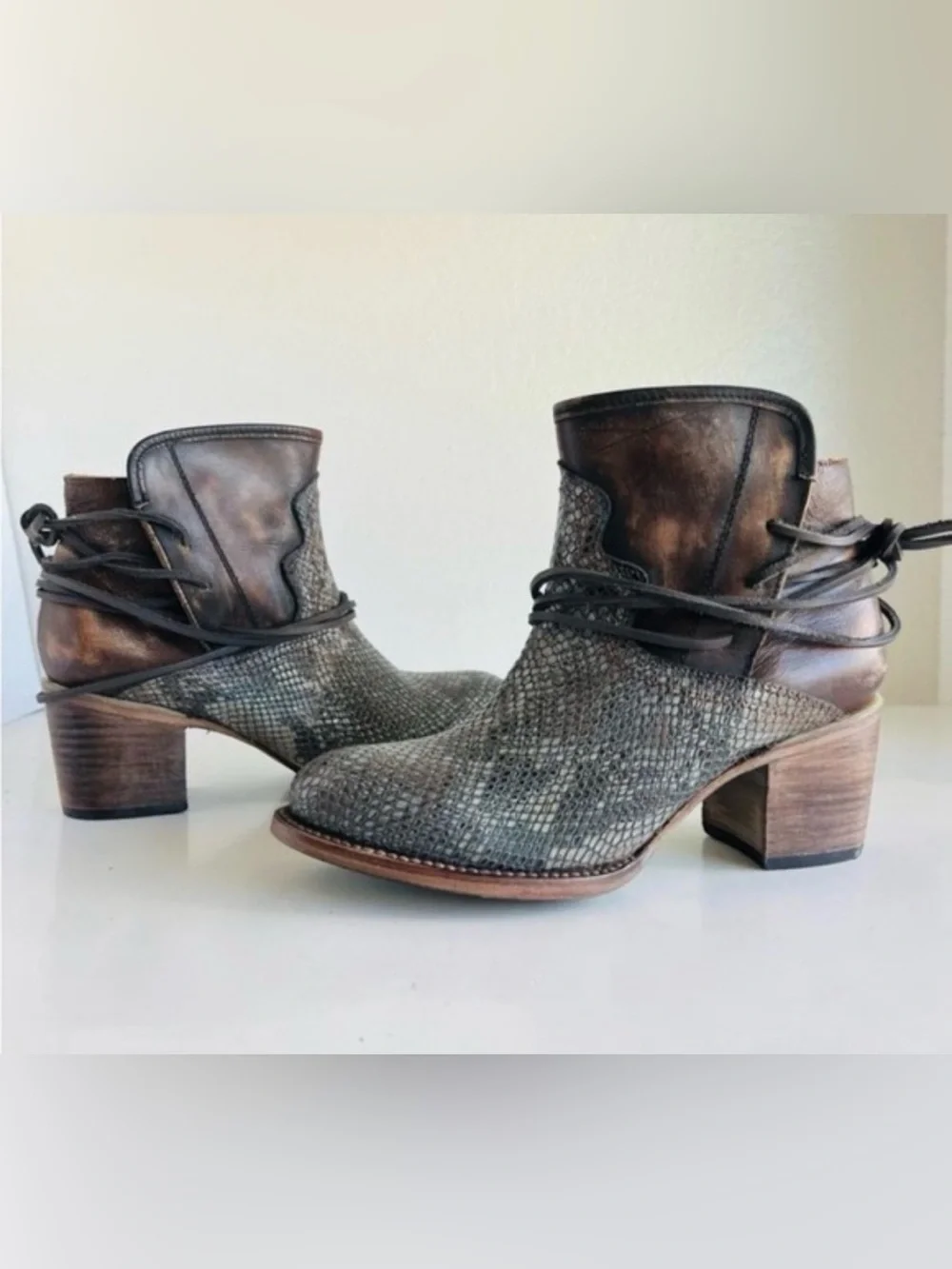 Freebird by Steven Metallic Gray and Distressed Brown Snake-Texture Ankle Boots